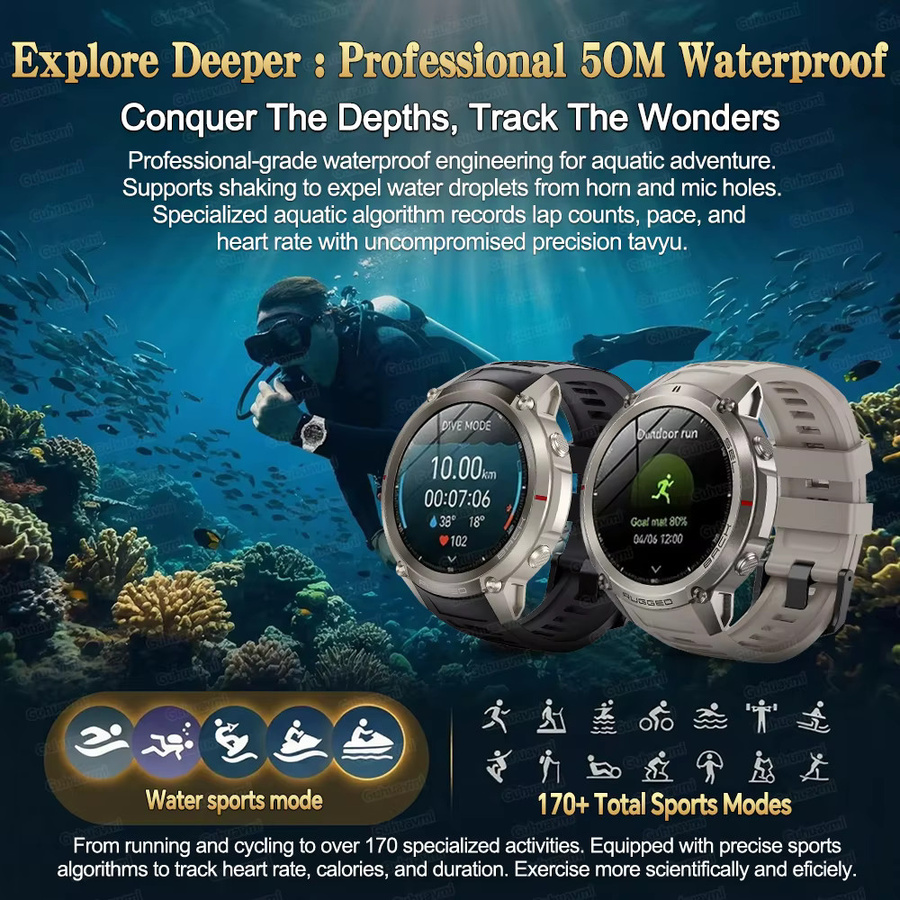 GUHUAVMI Outdoor-Sport-GPS-Smartwatch mit 1,43-Zoll-Bildschirm, Offline-Karte, NFC, Bluetooth-Anruf und 5ATM Wasserdichtigkeit in Gold - Bild 3