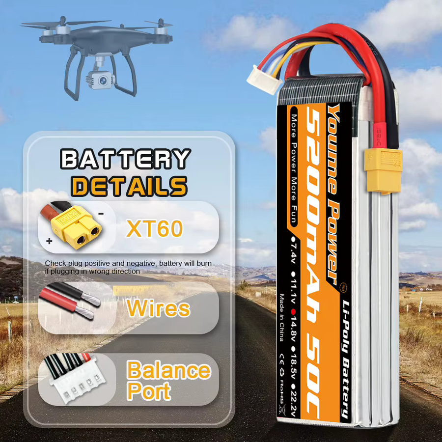 Youme 4S LiPo Akku 14,8V 5200mAh 50C mit XT60 Anschluss für RC FPV Flugzeuge, Drohnen, Racing-Modelle und Boote - Bild 4