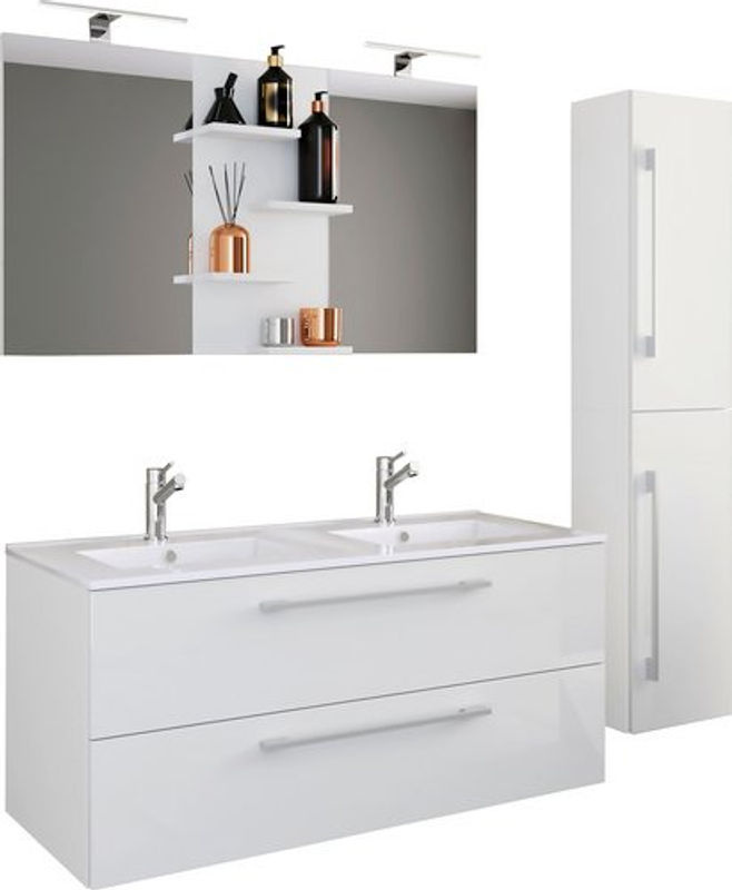 VCM Badmöbel-Set Budasi 4-teilig mit Doppelwaschtisch, Unterschrank, Hochschrank und Spiegel in Weiss - Bild 2