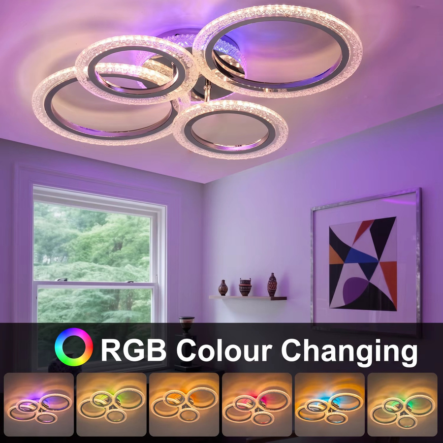 Oyajia LED-Deckenleuchte mit 4 Ringen, RGBW, dimmbar mit Fernbedienung, modern, Farbe: Weiß, Durchmesser: 57 cm - Bild 2