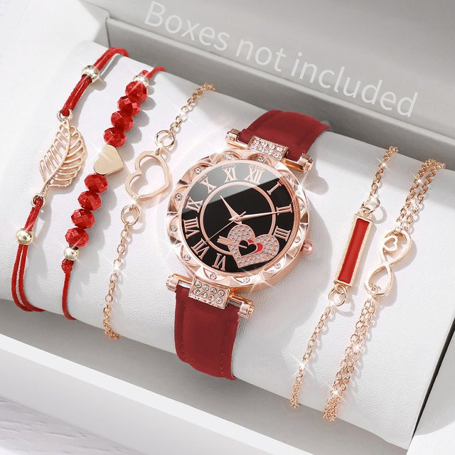Uhren-Set Damen, Quarz, Leder, Roségold, Herz Zifferblatt, Schwarz - Bild 1