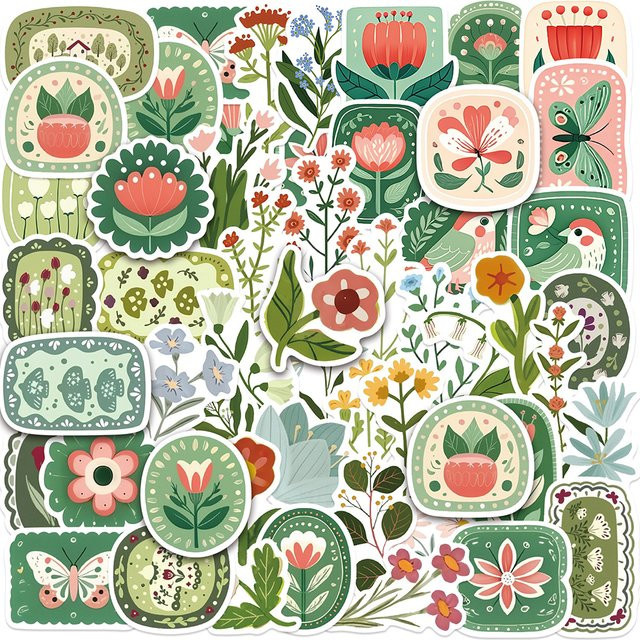 Rspctou Retro Botanik Sticker Set mit floralen Motiven in Grün und Multicolour für DIY Deko und Notizbücher - Bild 1