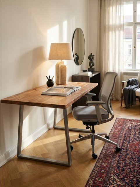 Schreibtisch aus Massivholz Akazie mit Trapezgestell von KADIMA DESIGN, Farbe Braun, B/T/H: 160 x 80 x 76 cm - Bild 1