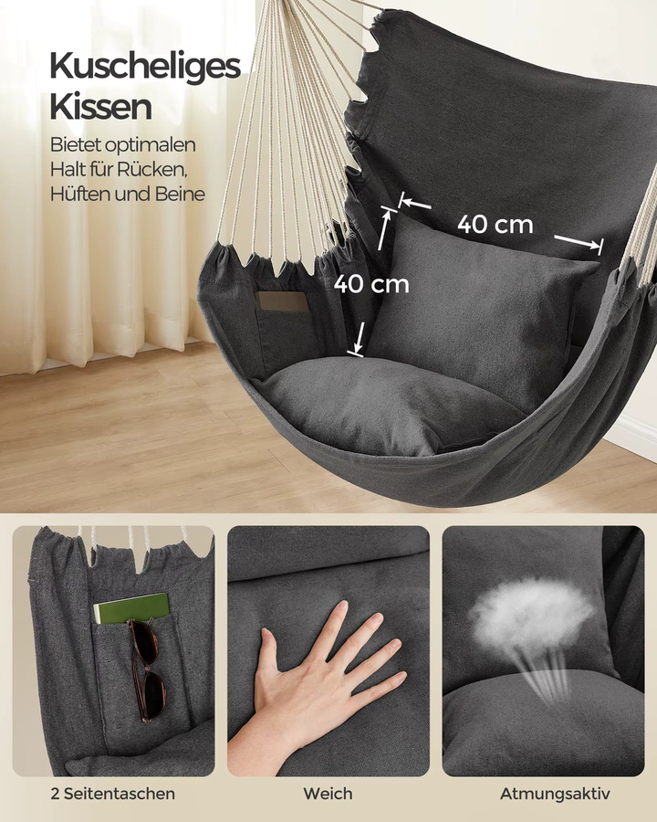 SONGMICS Hängesessel mit 2 Kissen und Metallkette, Hängeschaukel für Indoor und Outdoor, belastbar bis 150 kg, Grau/Weiß - Bild 2