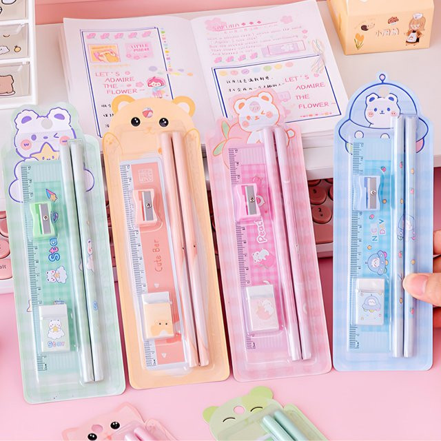 5-teiliges Cartoon Briefpapier-Set für Schüler in Blau und Multicolour aus Kunststoff - Bild 1