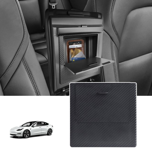 MINESPEED Mittelarmlehnen-Ablagebox für Tesla Modell 3 und Model Y (2017-2023) aus Carbon Faser in Schwarz - Bild 1