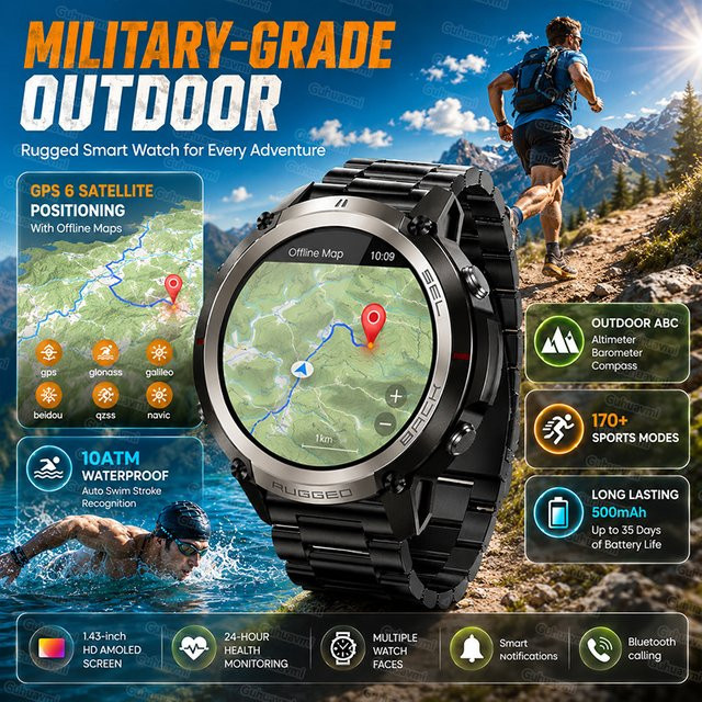 GUHUAVMI Militär-GPS-Smartwatch für Outdoor-Abenteuer mit Offline-Karten, 5ATM Wasserdicht, Kompass, Barometer und HD-Anruf Funktion in Schwarz - Bild 1