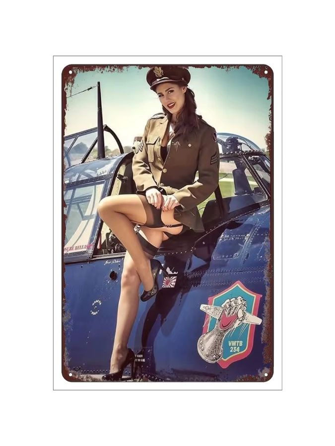 CIFBUY Vintage Militär Pinup Girl Metall Poster mit Kampfflugzeug als Retro Blechschild zur Wanddekoration, B/H: 30 x 20 cm - Bild 2