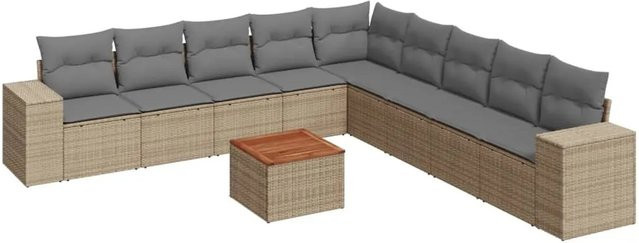 vidaXL 10-tlg. Garten-Sofagarnitur in L-Form aus Poly-Rattan und Akazienholz mit Kissen, Beige-grau - Bild 1