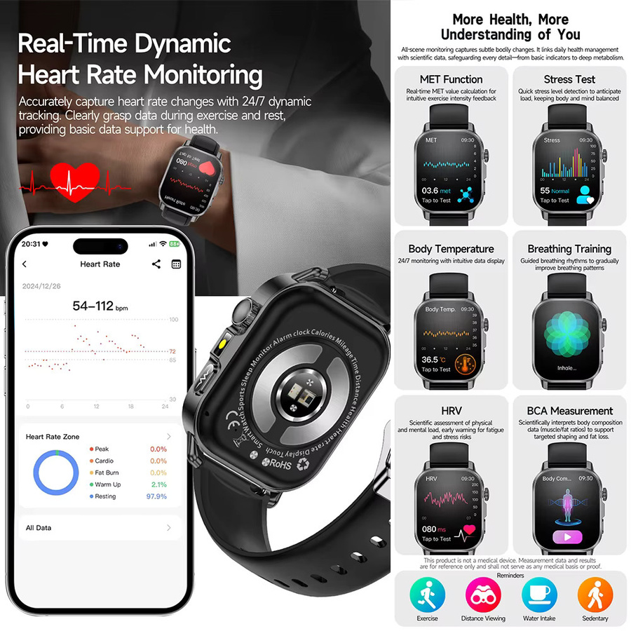 Yaocx Smartwatch mit EKG, PPG und Gesundheitsanalyse für Blutdruck, Fett und Harnsäure, inklusive kabelloser Anruffunktion, Unisex, Blau oder Schwarz - Bild 4