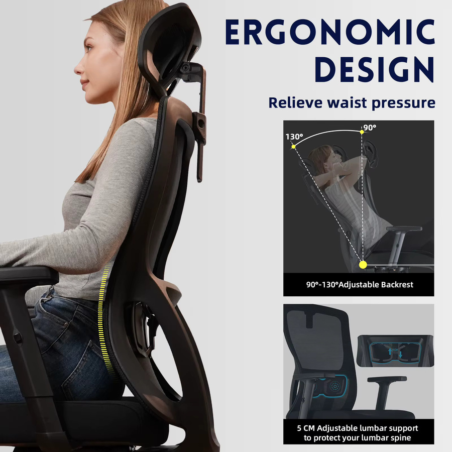 Ergonomischer Bürostuhl Durrafy in Schwarz mit Netzrücken, verstellbarer Kopfstütze und Lendenwirbelstütze für dein Home-Office - Bild 7