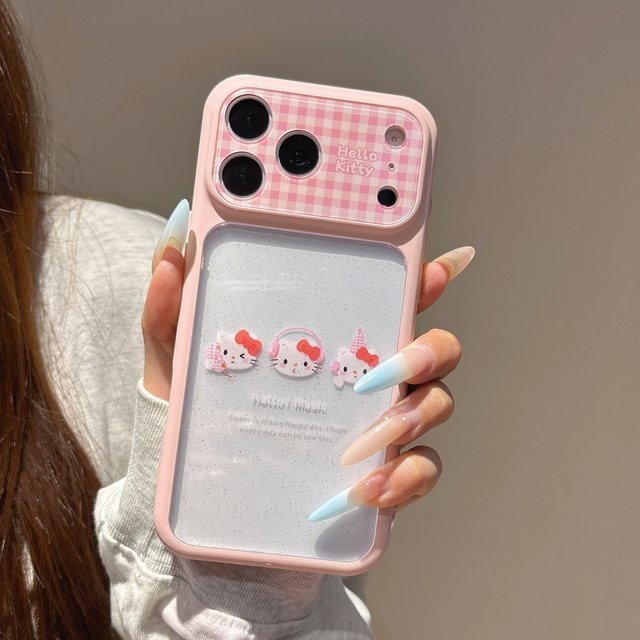 Hello Kitty Handyhülle für Apple iPhone 17 16 15 Pro Max mit transparentem Glitzer-Drip-Glue-Design und vollständigem Kameraschutz in Pink - Bild 1