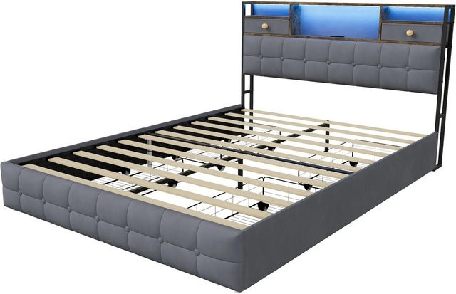 PXloue Polsterbett mit Schubladen und LED aus Samt, Grau, B/T/H: 140 x 200 x 100 cm - Bild 1