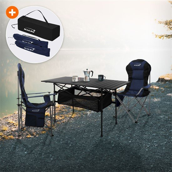 HAUKI Campingmöbel Set 3-teilig aus Aluminium mit Klapptisch Schwarz und 2 Campingstühlen Blau - Bild 1