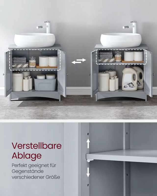 VASAGLE Waschbeckenunterschrank Badezimmerschrank in Grau mit 2 Türen und höhenverstellbarer Ablage, B/T/H: 60 x 30 x 60 cm - Bild 3