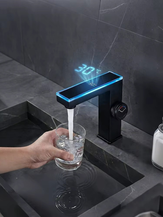 WJNMONE Badezimmer-Wasserhahn mit LED-Temperaturanzeige, intelligenter Waschbecken-Mischer für Heiß- und Kaltwasser, Einloch-Armatur, Matt Schwarz - Bild 3