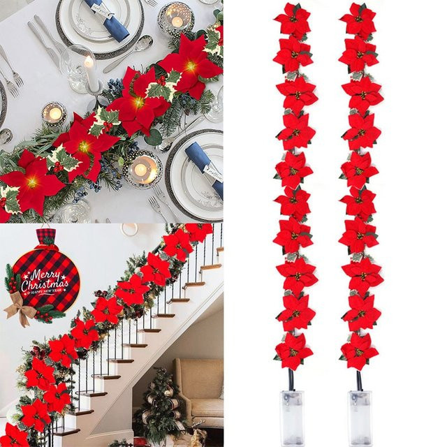 Cyuan Weihnachtsstern Lichterkette mit roten Stoffblumen in Warmweiß für Indoor und Outdoor Dekoration - Bild 1