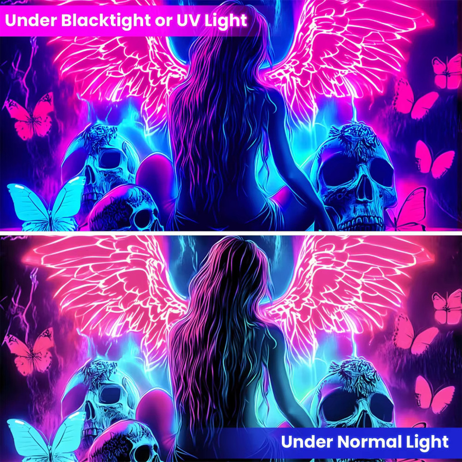 VIKAMA Wandteppich Dunkle Engelsflügel, fluoreszierender Wandbehang schwarzlicht-reaktiv, Mehrfarbig, B/H: 60 x 40 cm - Bild 3