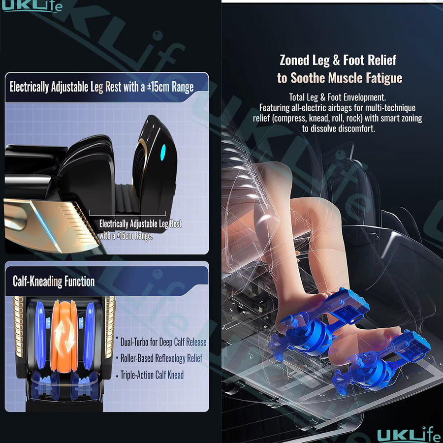 ukLife Intelligenter Massagesessel 2026 mit Schallwellenmechanismus, Ganzkörper-Airbag, KI-Sprachsteuerung, Zero Gravity und SL-Track sowie Rückenheizung in Schwarz-Gold - Bild 5