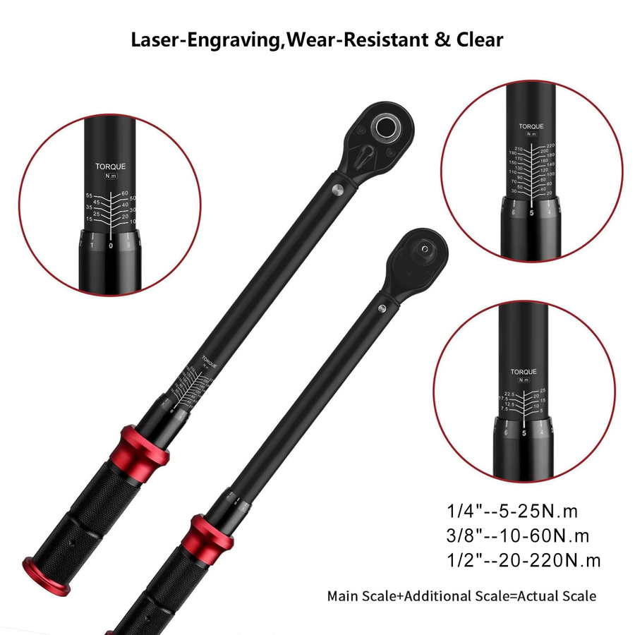 MoveCrab 6-teiliges mechanisches Drehmomentschlüssel-Set in Schwarz, 5–220 Nm, für Fahrrad, Motorrad, Auto und Industrie-Reparaturen - Bild 3