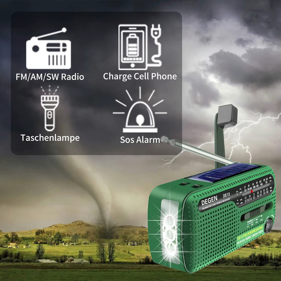 XHDATA Notfall-Handkurbel-Solarradio EM03/DE13 in Grün mit Taschenlampe, SOS-Alarm und Telefonladegerät sowie FM/MW/SW-Empfänger - Bild 6