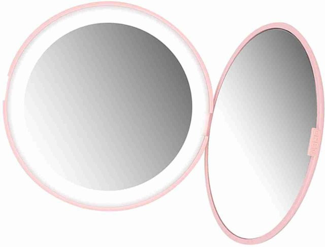 Beautyyy Tragbarer faltbarer Mini-Make-up-Spiegel mit 10-facher Vergrößerung und 12 LEDs in Rosa und Weiß - Bild 1
