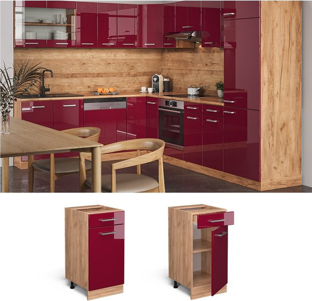 Vicco Küchenunterschrank R-Line Bordeaux Hochglanz Goldkraft Eiche 40 cm - Bild 3