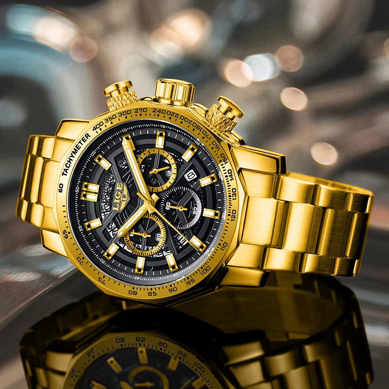 LIGE Chronograph Armbanduhr Edelstahl, Gold, Quarz, Herren - Bild 2