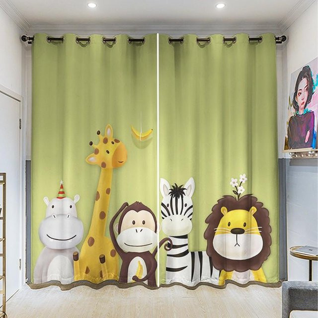 Yiran Furniture Kinderzimmer Vorhang mit Cartoon Tier Motiven Elefant Giraffe Löwe, Grün, 2er Set, B: 60 cm, H: 60 cm - Bild 1