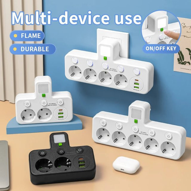 Szaoju Wandmontierte Steckdosenleiste mit 5 AC-Steckdosen, USB-C-Ladefunktion und Netzwerkfilter in Schwarz oder Weiß - Bild 1