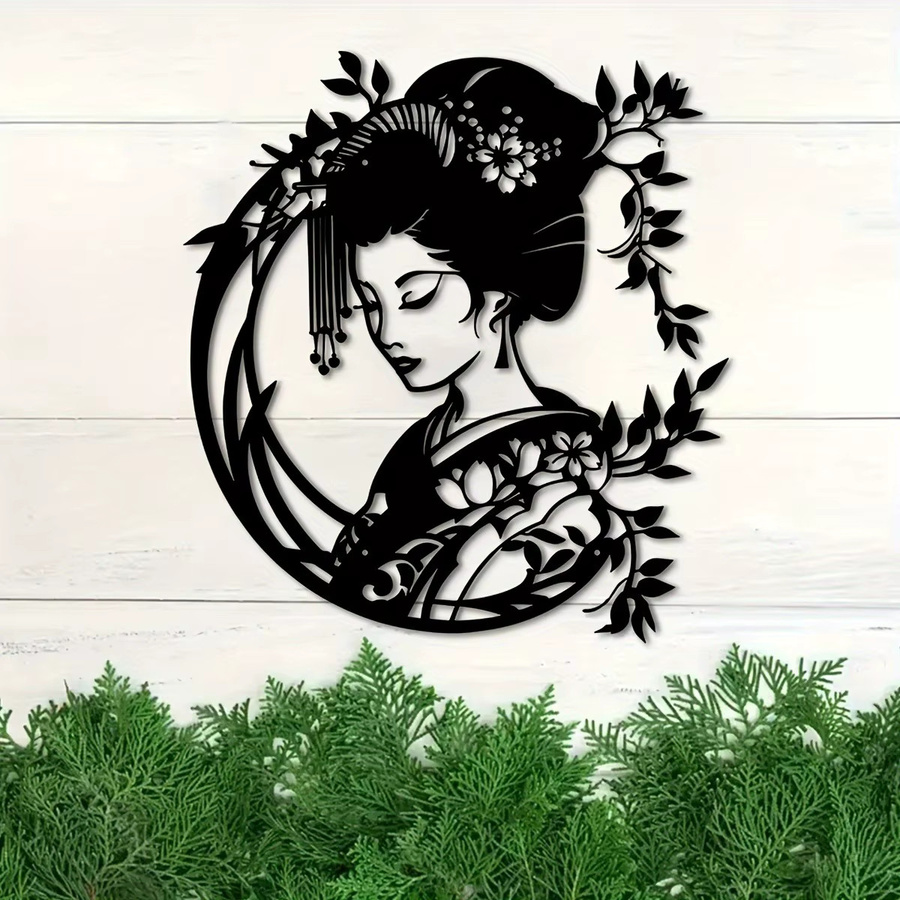 CIFBUY Vintage Geisha Metall-Wandkunst in Schwarz mit floralem Design, rundes orientalisches Gartenschild für deine Heimdekoration - Bild 3