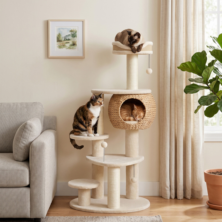 PawHut Kratzbaum Beige mit Rohrkolben-Höhle, Spielbällen und Sisalkratzstämmen, Höhe: 132 cm - Bild 2