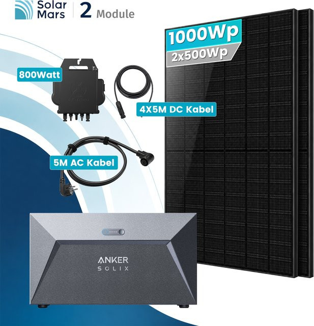 Solarmars Balkonkraftwerk Komplettset 1000W mit Anker SOLIX Solarbank E1600 800W EZ1 Mikroinverter in Schwarz ohne Halterung - Bild 1