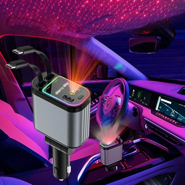 4-in-1 Schnelllade-Autoladegerät mit einziehbarem USB-Typ-C-Kabel und 2 USB-C-Ladeanschlüssen für universelle Nutzung - Bild 1