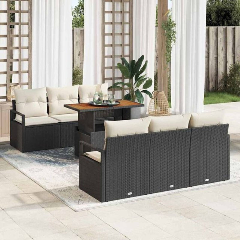 Vidaxl Garten-Sofa-Set aus 7 Teilen in Schwarz und Creme, modernes Polyrattan Loungemöbel-Set mit abnehmbaren Bezügen, B/T/H: 100 x 55 x 73 cm - Bild 1