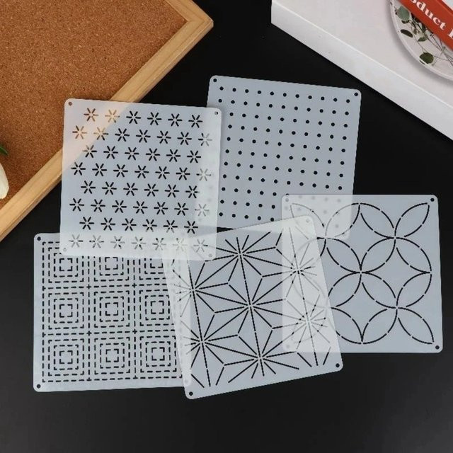 Set aus 9 bis 32 wiederverwendbaren Sashiko-Stickerei-Vorlagen aus transparentem PET mit geometrischen Patchwork-Mustern - Bild 1