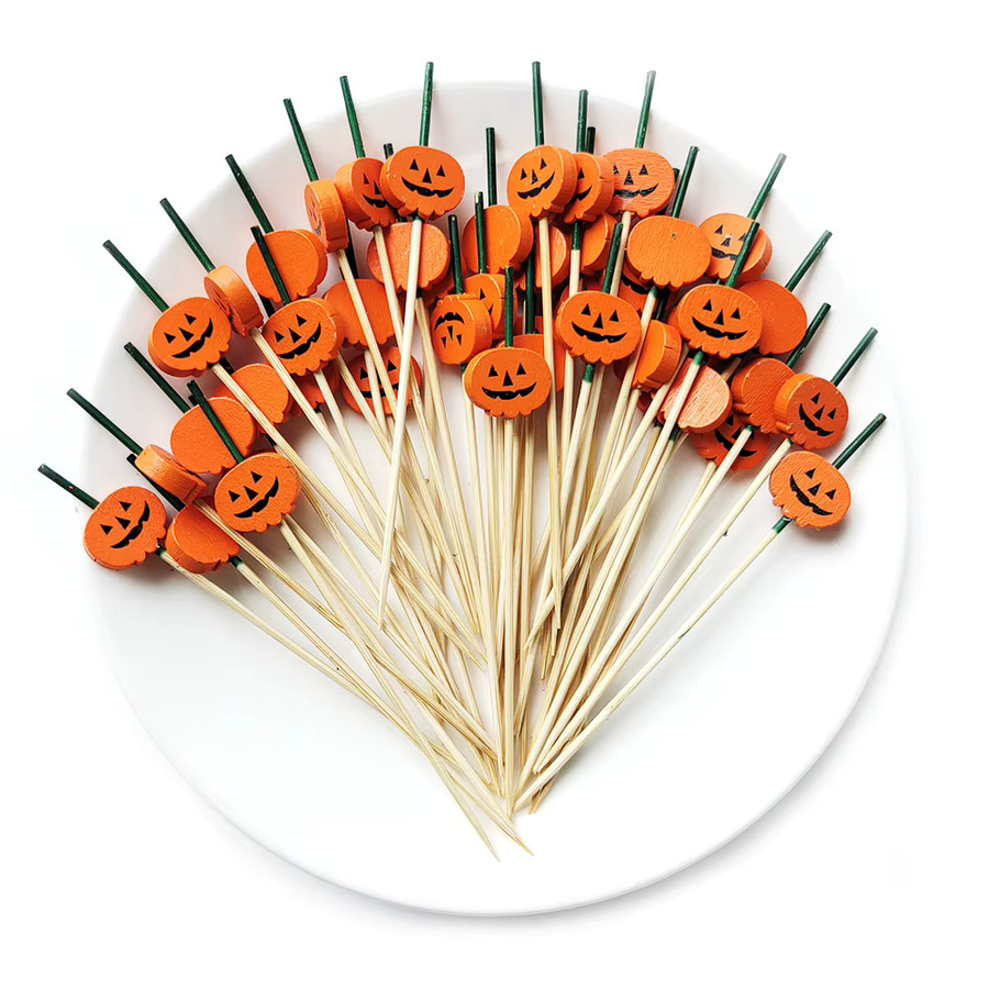 100 Stück Halloween Einweg Bambus Spieße in Orange für Buffet Obst und Dessert - Bild 2