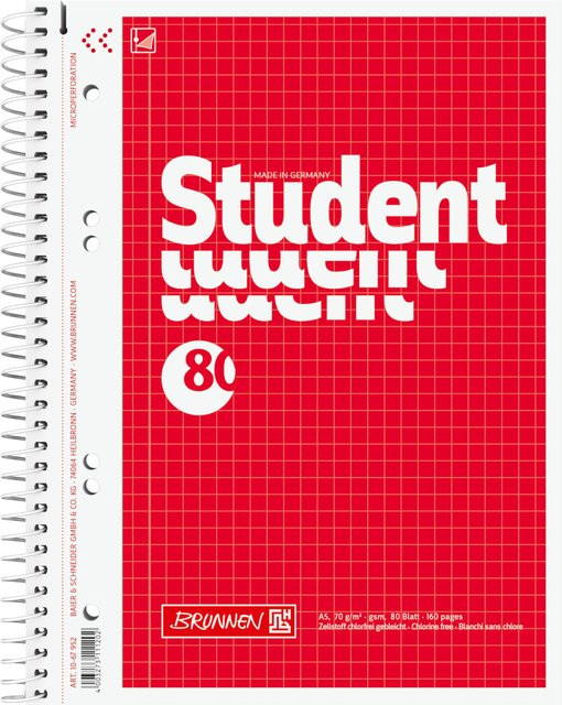 Brunnen Collegeblock Student DIN A5 quadratisch rot mit 80 Blatt - Bild 1