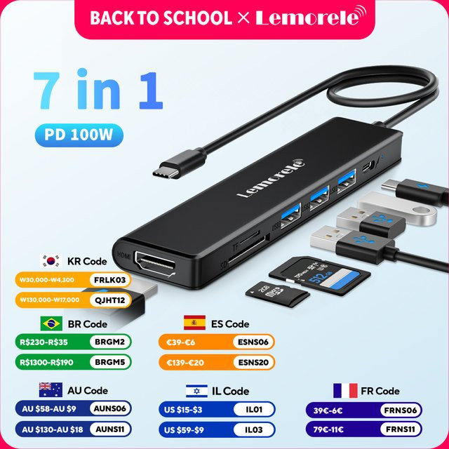 LEMORELE 7-in-1 USB C Hub Dockingstation in Grau mit 4K UHD Videoausgang, 100 W PD und USB-C sowie USB-A 3.0 Ports für MacBook und Windows Laptop - Bild 1