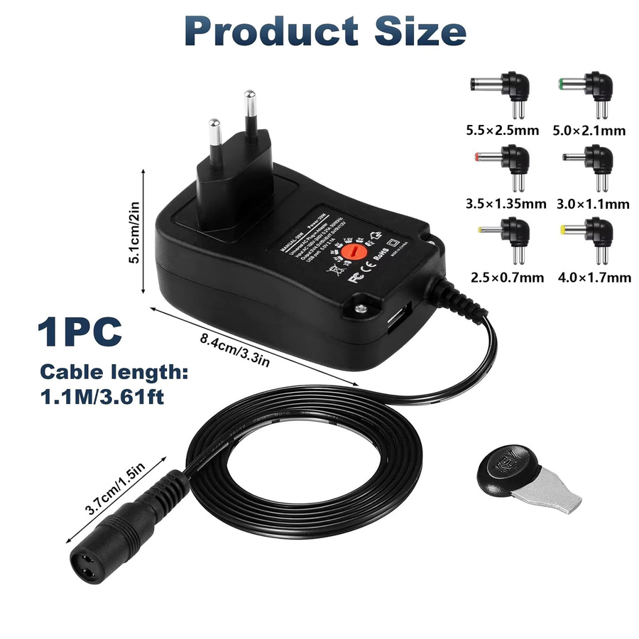 AEVYVKV Einstellbares Universal Netzteil mit USB-A und USB-C, 30W, Schwarz, AC 220V/110V zu DC 3V-12V Adapter mit 5V 2,1A USB-Ausgang - Bild 2
