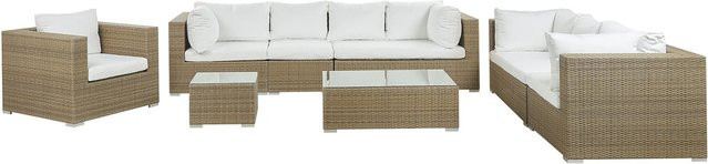 Beliani Sitzgruppe MAESTRO Polyrattan in Hellbraun mit Polsterkissen und Couchtisch, L-Form für Garten und Outdoor, B/T/H: 282 x 90 x 70 cm - Bild 1