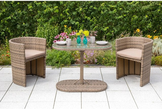 Merxx Ancona Gartenmöbel-Set 3-teilig aus Stahl und Kunststoffgeflecht in Beige mit ovalem Glastisch - Bild 1