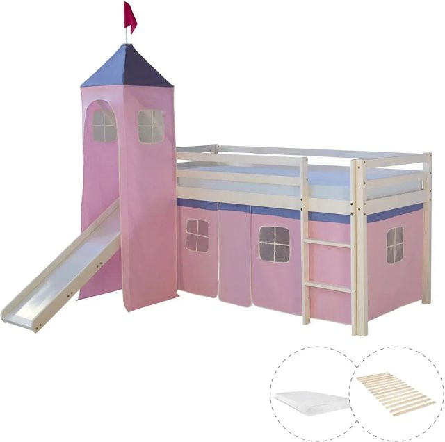 Homestyle4u Hochbett für Kinder aus Kiefernholz mit Rutsche, Turm, Vorhang, Lattenrost und Matratze, Farbe: Weiß - Bild 1