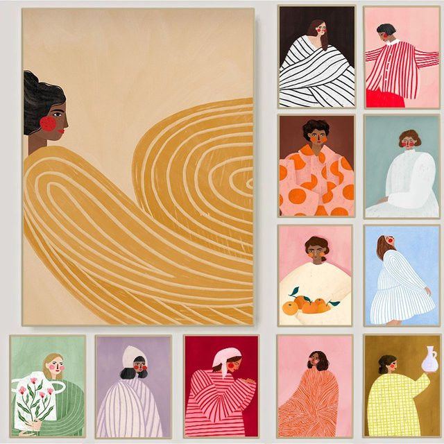 Minimalistisches Wandbild von Potdemiel mit buntem Frauen-Portrait als Leinwandgemälde im gestreiften Cartoon-Stil - Bild 1
