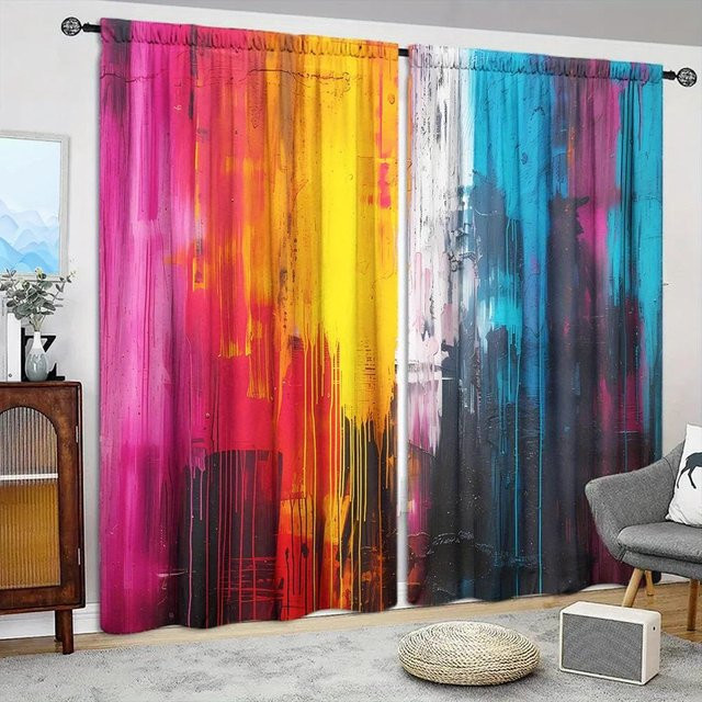 2er-Set Graffiti-Kunst Vorhang mit modernem Grafikdruck, halbtransparent, Mehrfarbig, Breite: 75 cm, Höhe: 165 cm - Bild 1