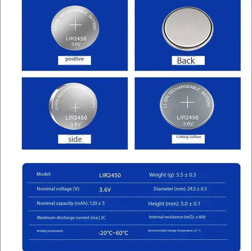 WHITECRANE LIR2450 Lithium-Ionen Knopfzellen Batterie 3,7 V 120mAh in Silber - Bild 3