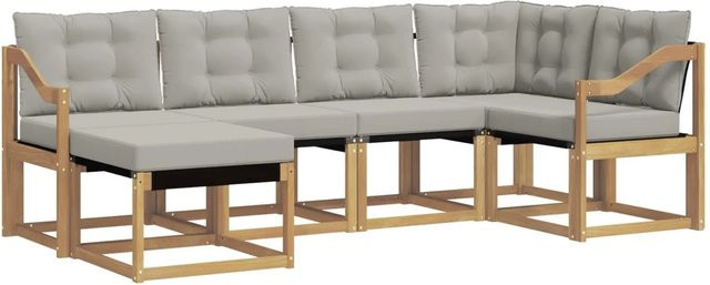 vidaXL Outdoor-Sofagarnitur 6-teilig in L-Form aus Akazienholz mit Textilene und Kissen in Weiß-Hellgrau - Bild 1