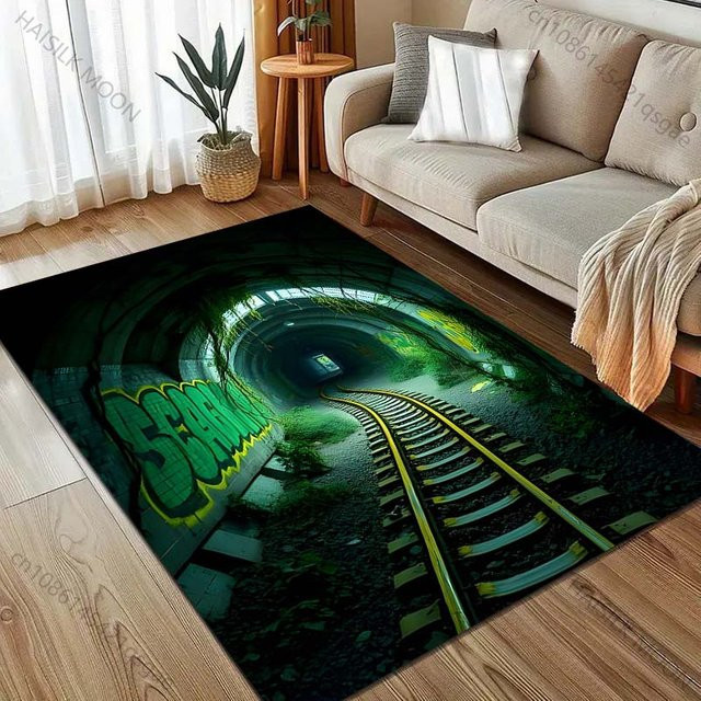 UQIDEHOME Bereichsteppich mit Dunkler Zugtunnel Druck, Modern, Waschbar, B/B: 60 x 90 cm - Bild 1