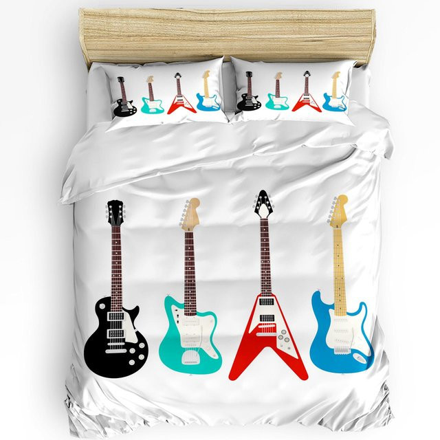 Lodestar Bettwäsche-Set mit Gitarren-Motiv aus Mikrofaser, Weiß, B/H: 135 x 200 cm - Bild 1