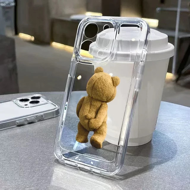 Stoßfeste Teddybär Cartoon Handyhülle für iPhone 11 bis 15 Pro Max, Transparent, Soft Clear Bumper Back Cover - Bild 1
